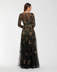 Black Hand Embellished Long Sleeve A Line Gown