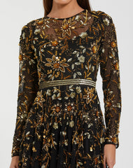 Black Hand Embellished Long Sleeve A Line Gown