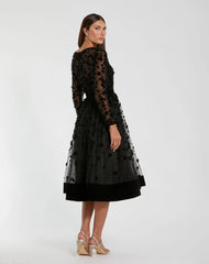Black Velvet Embellished Illusion Long Sleeve A-Line Midi Dress