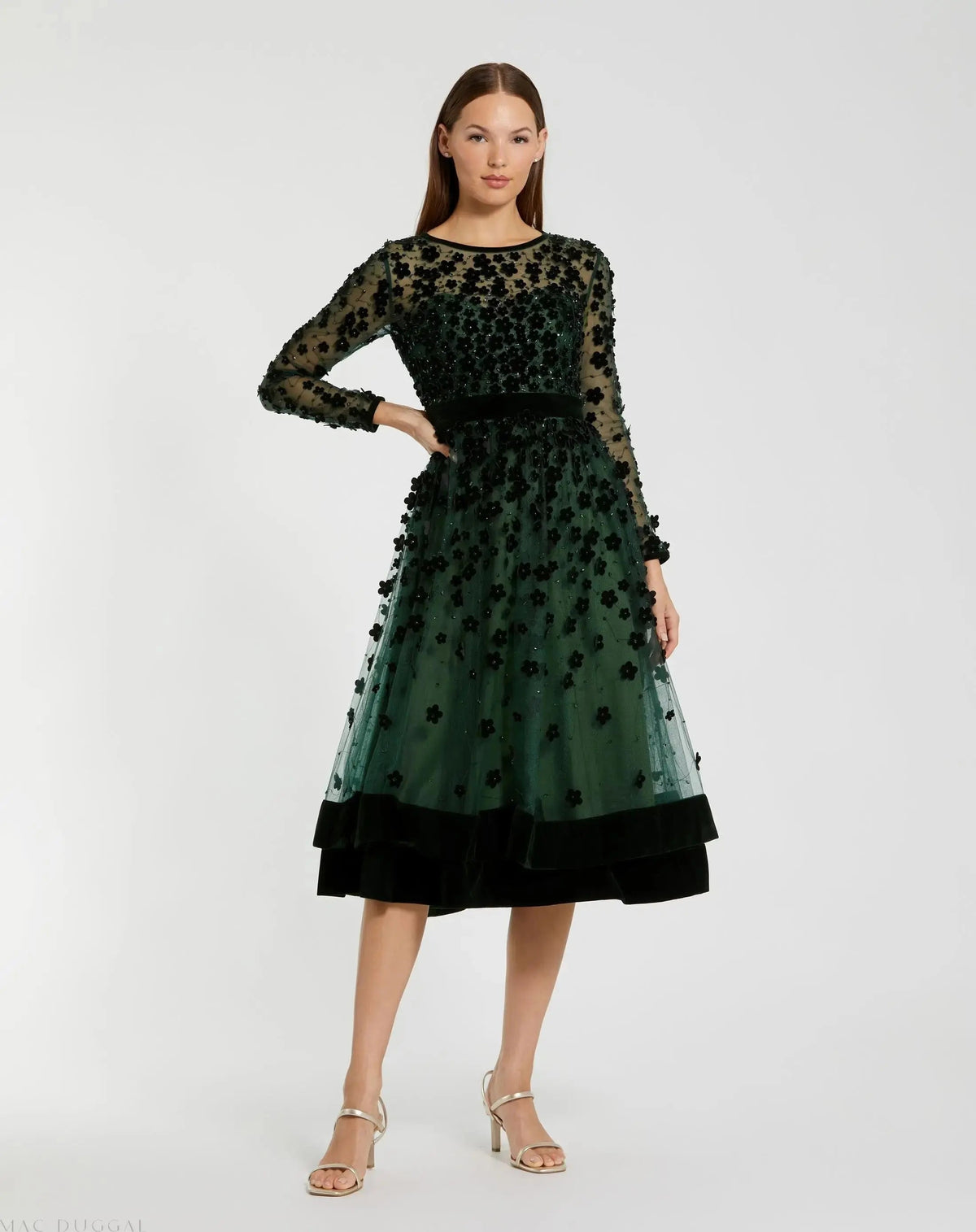 Green Velvet Embellished Illusion Long Sleeve A-Line Midi Dress