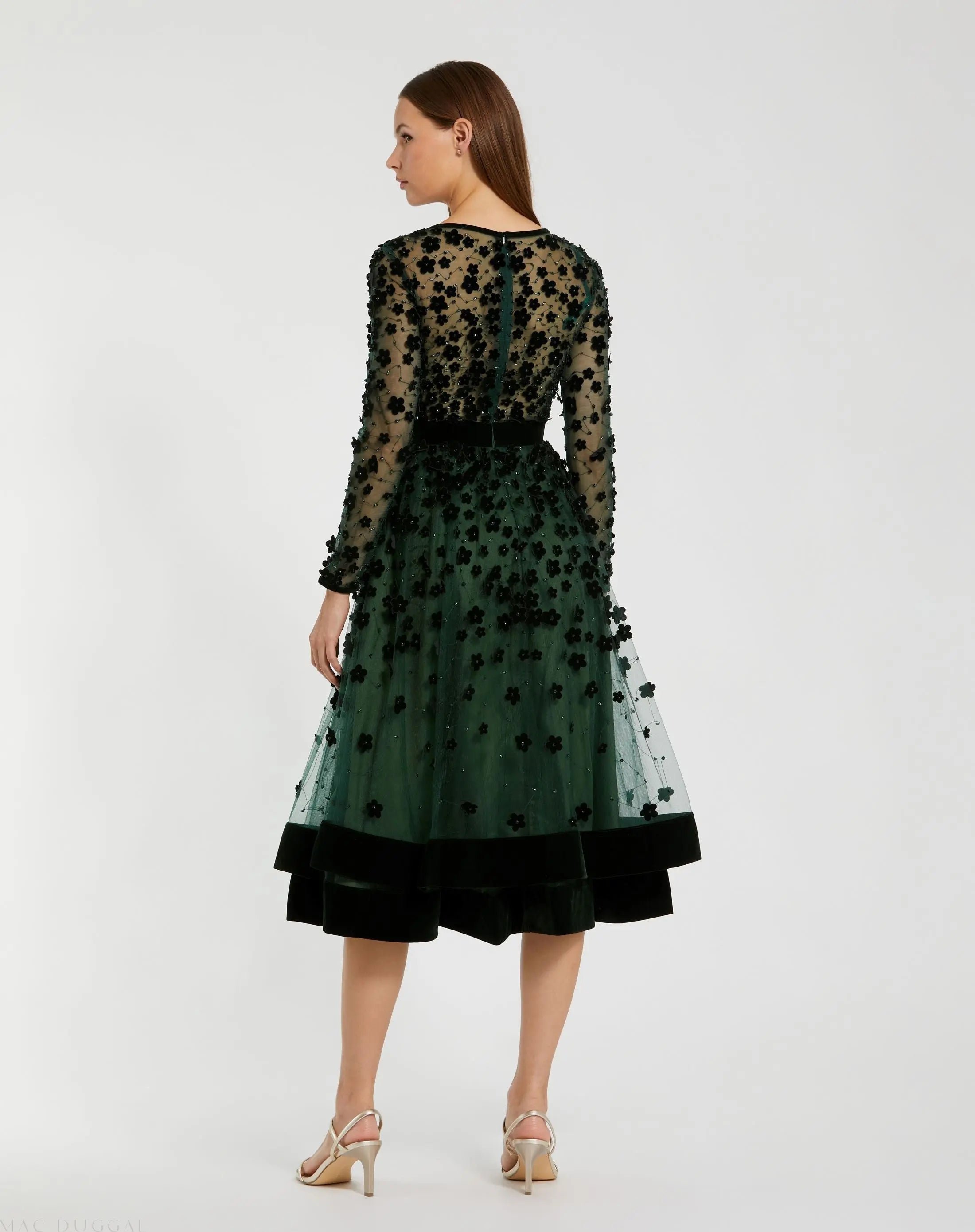 Green Velvet Embellished Illusion Long Sleeve A-Line Midi Dress