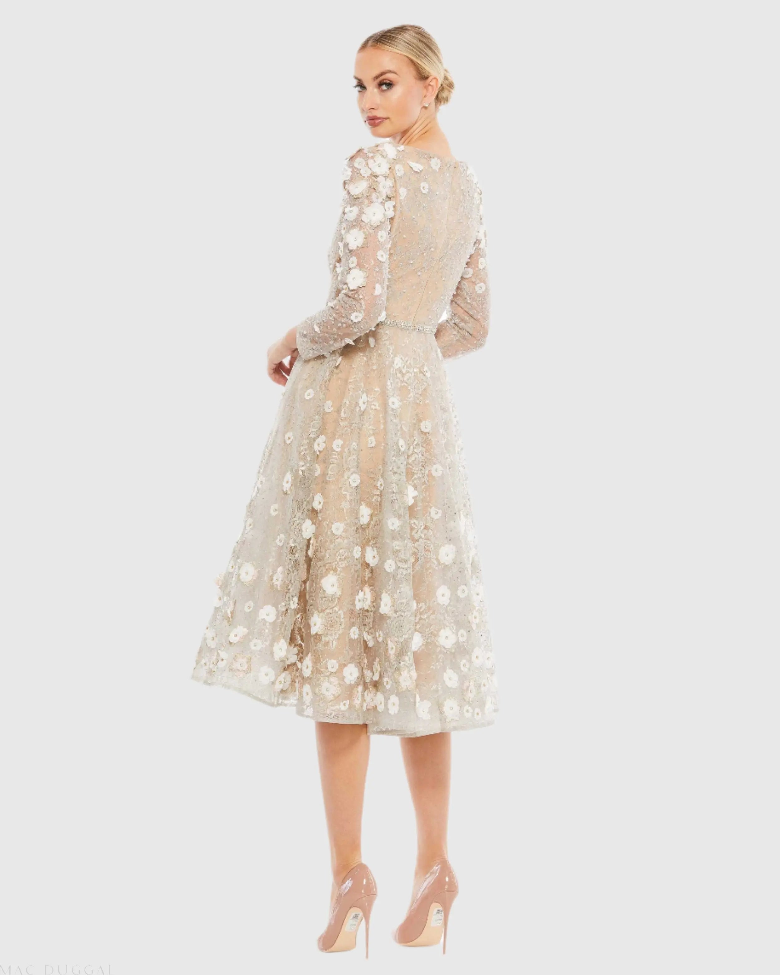 Beige Floral Embellished Lace A-Line Cocktail Dress