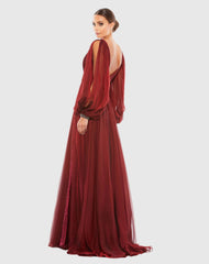 Red Chiffon Open Sleeve A Line Gown