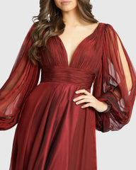 Red Chiffon Open Sleeve A Line Gown