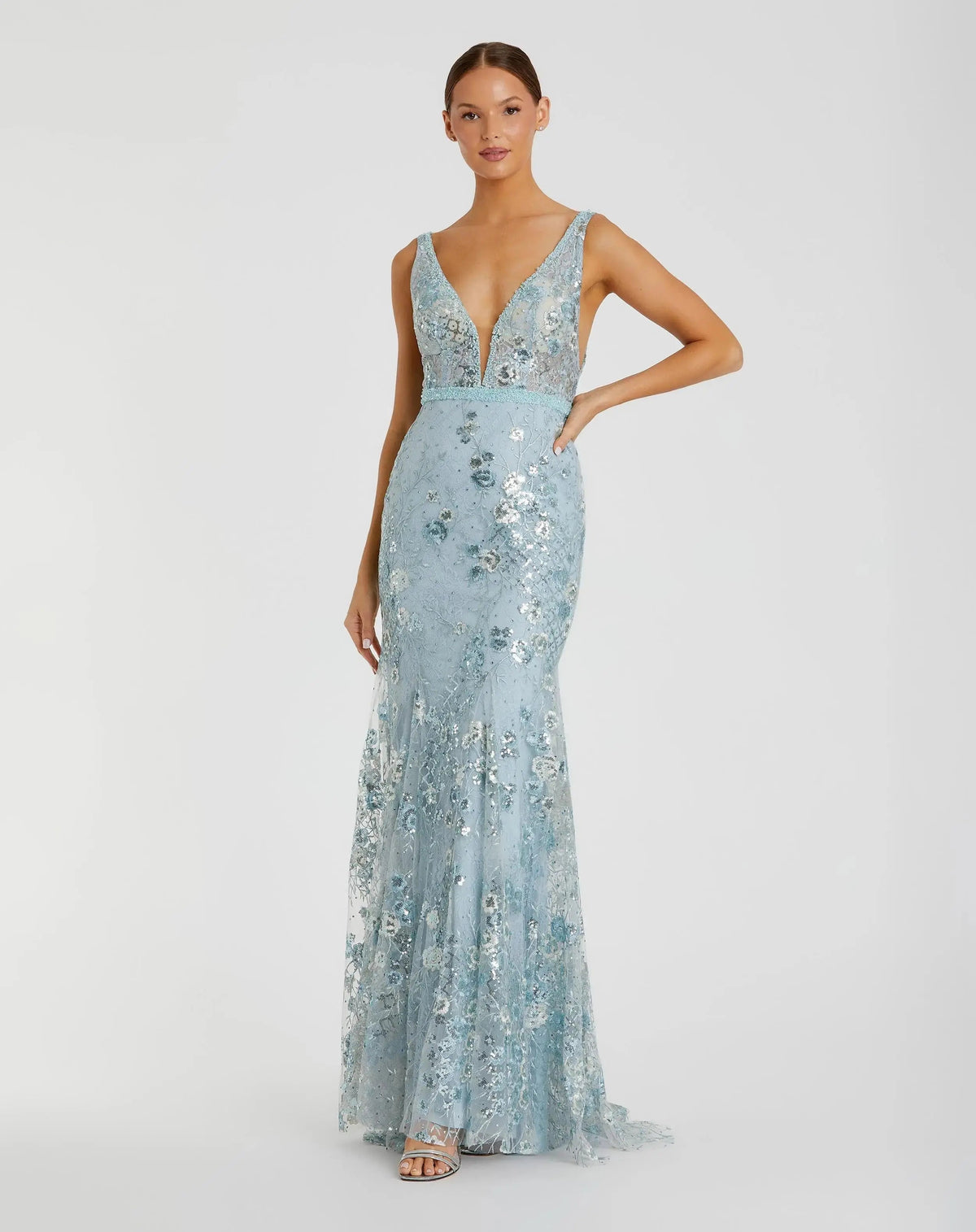Floral Embellished Sleeveless Plunge Neck Gown