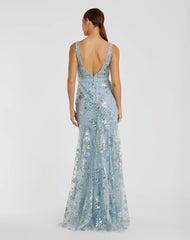 Blue Embellished Sleeveless Plunge Neck Gown