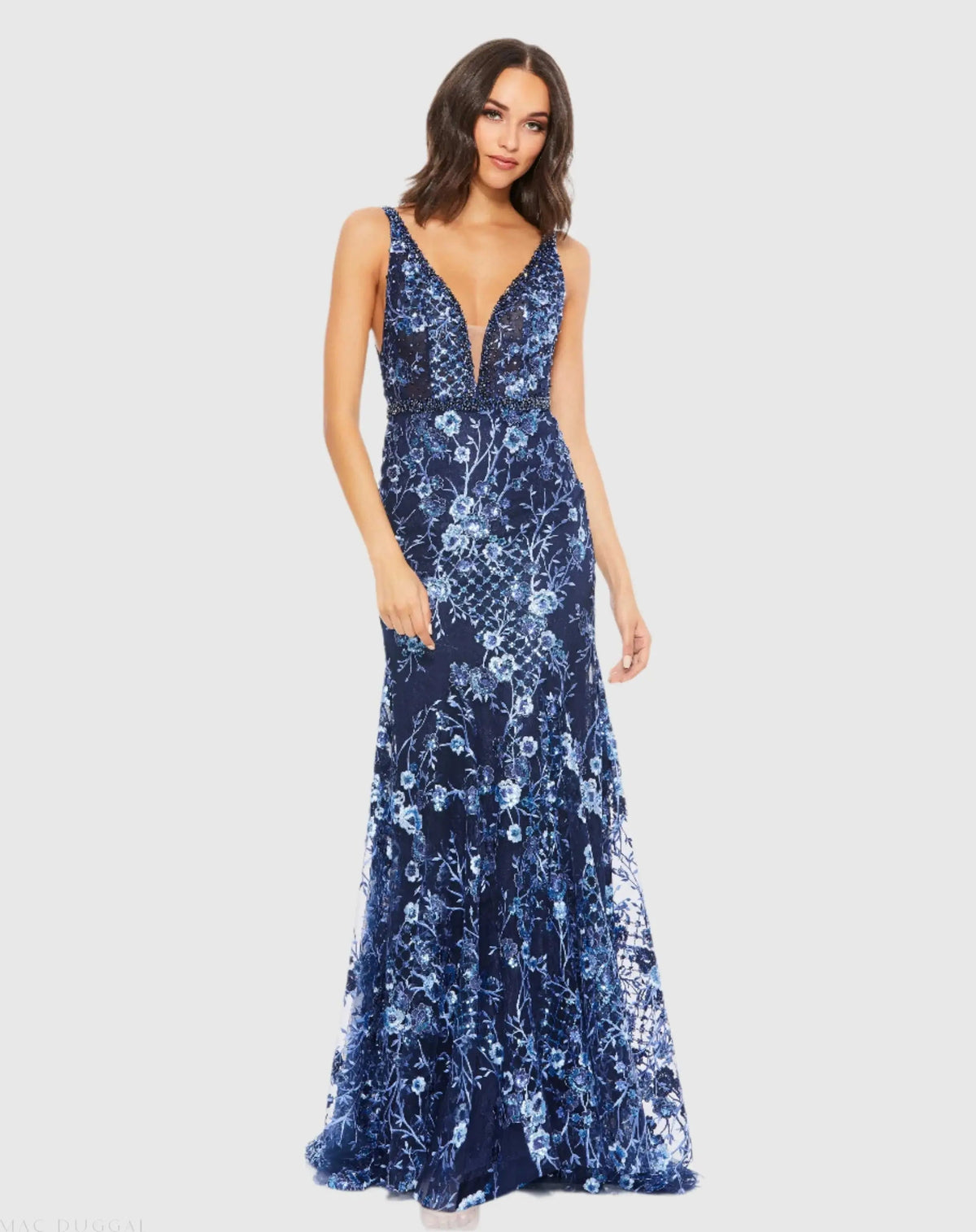 Dark Blue Floral Embellished Sleeveless Plunge Neck Gown
