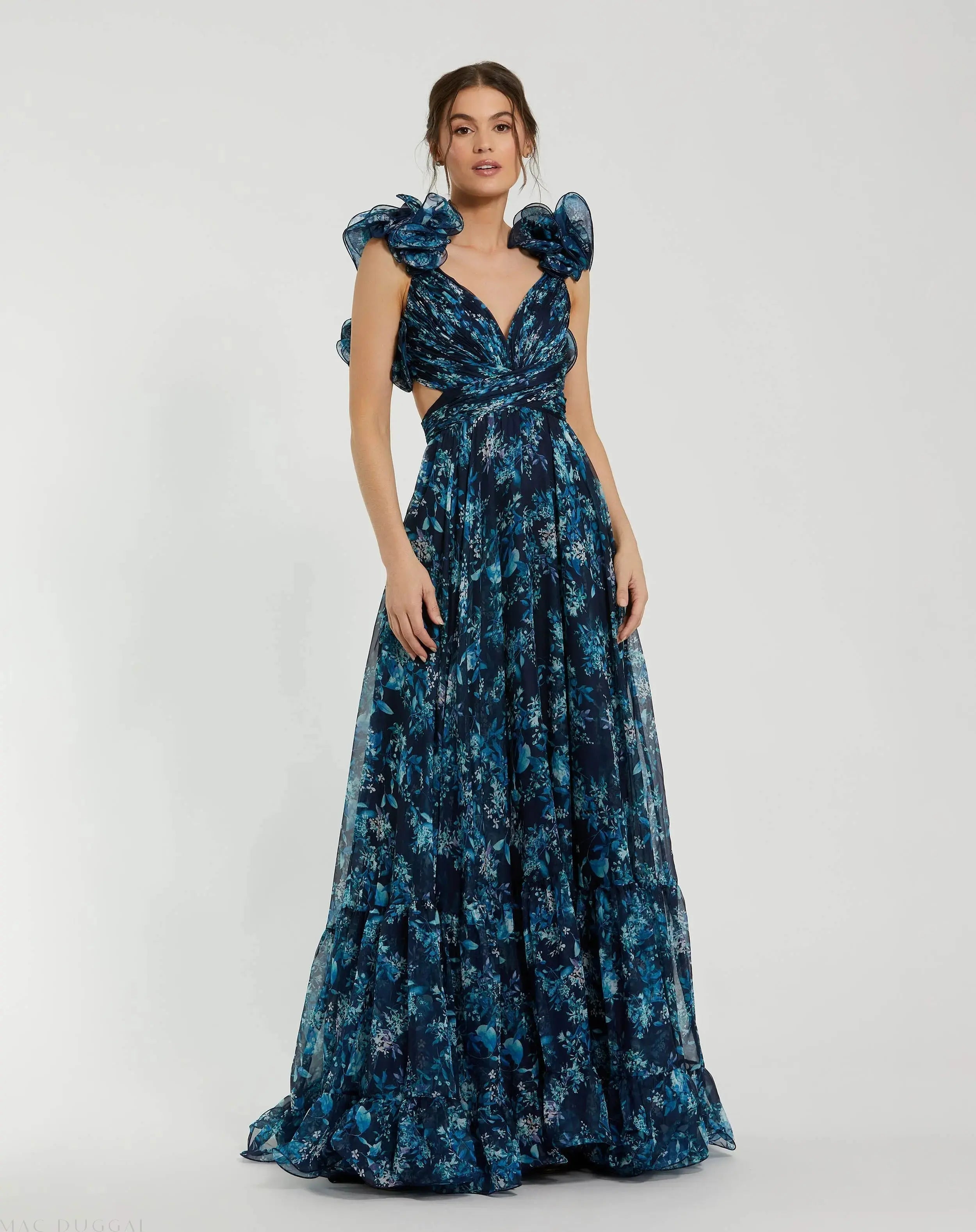 Ruffle Tiered Floral Cut-Out Chiffon Gown