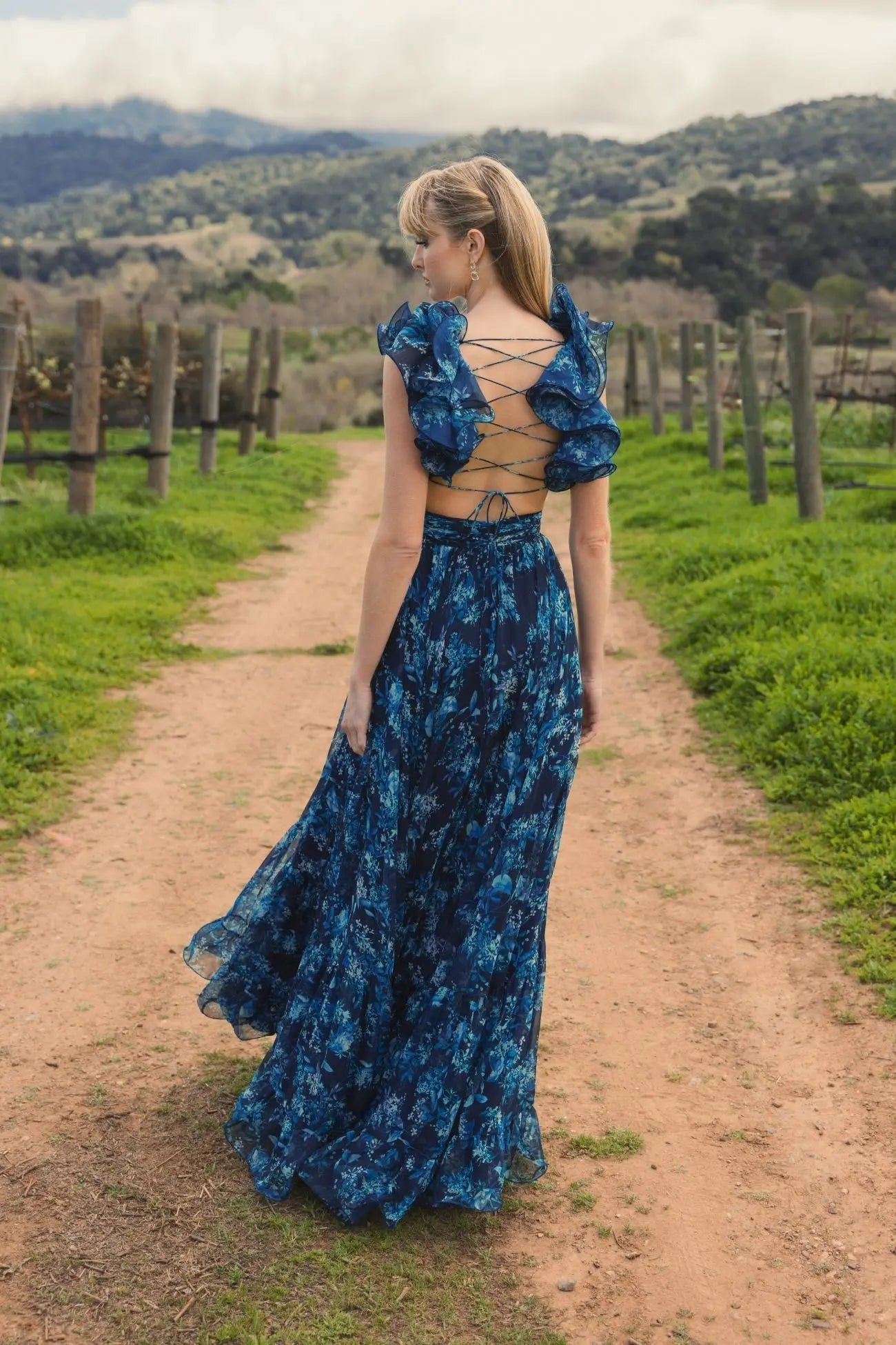 Navy Tiered Floral Cut-Out Chiffon Gown