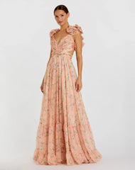 Ruffle Tiered Floral Cut-Out Chiffon Gown
