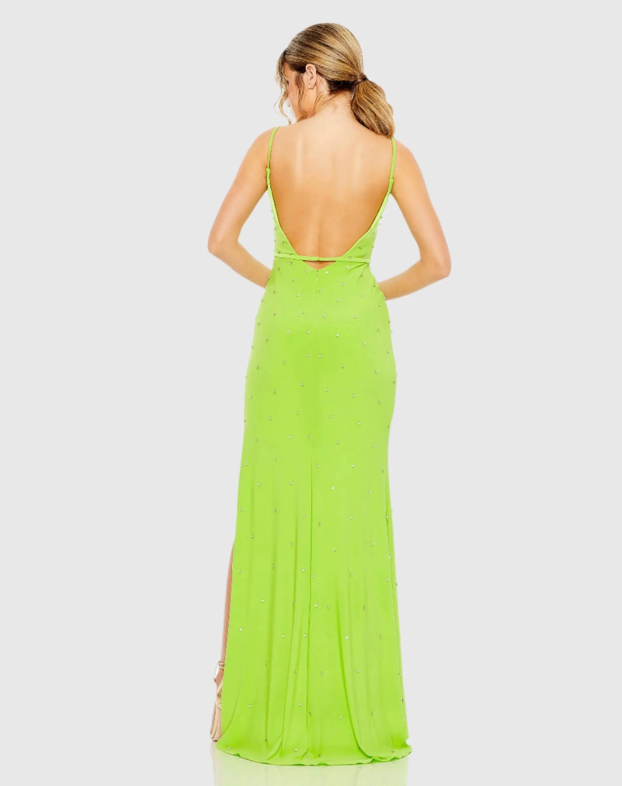 Green Rhinestone Embellished V-Neck Gown