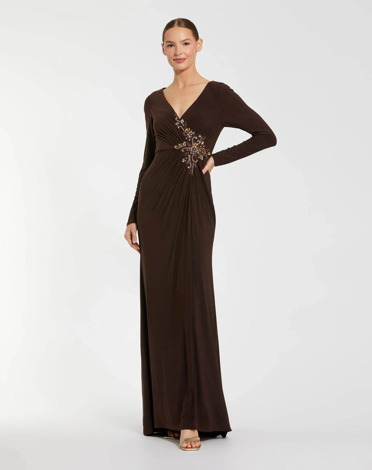 Brown Faux Wrap Long Sleeve Evening Gown with Appliqué Detail