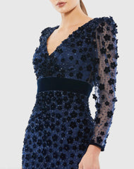 Navy Velvet Embellished V Neck Long Sleeve Sheath Dress