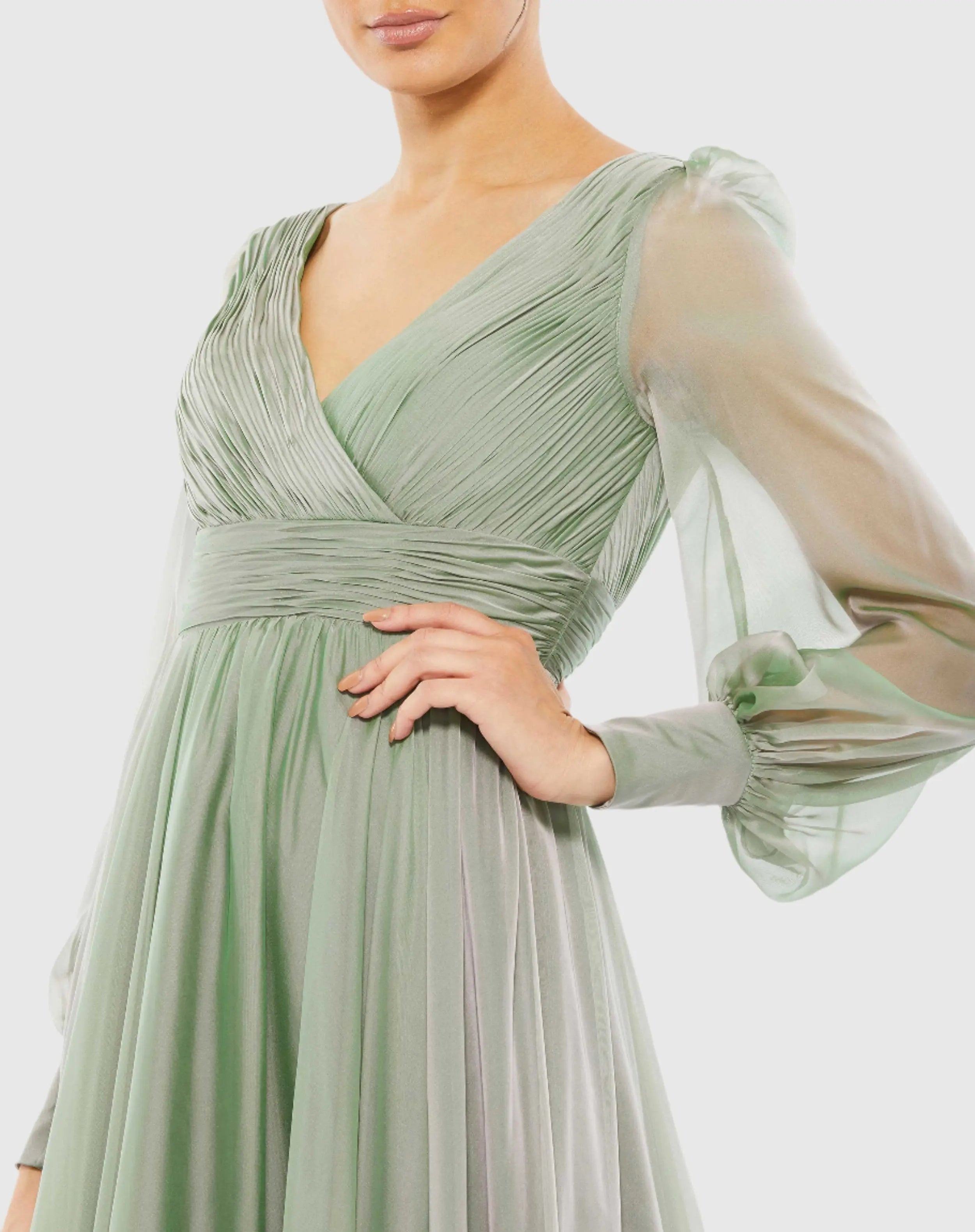Green Faux Wrap Illusion Bishop Sleeve Tiered Gown
