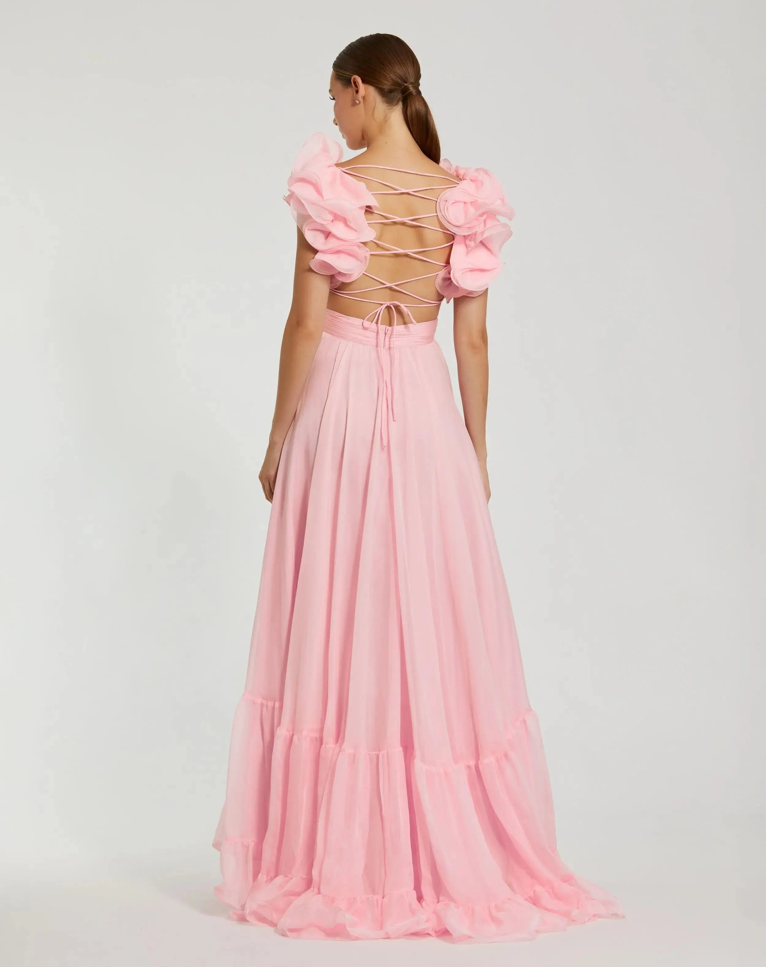 Pink Ruffle Tiered Cut-Out Chiffon Gown