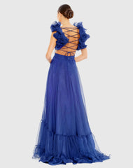 Blue Ruffle Tiered Cut-Out Chiffon Gown
