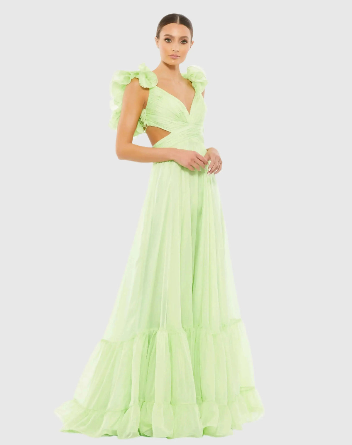 Light Green Ruffle Tiered Cut-Out Chiffon Gown