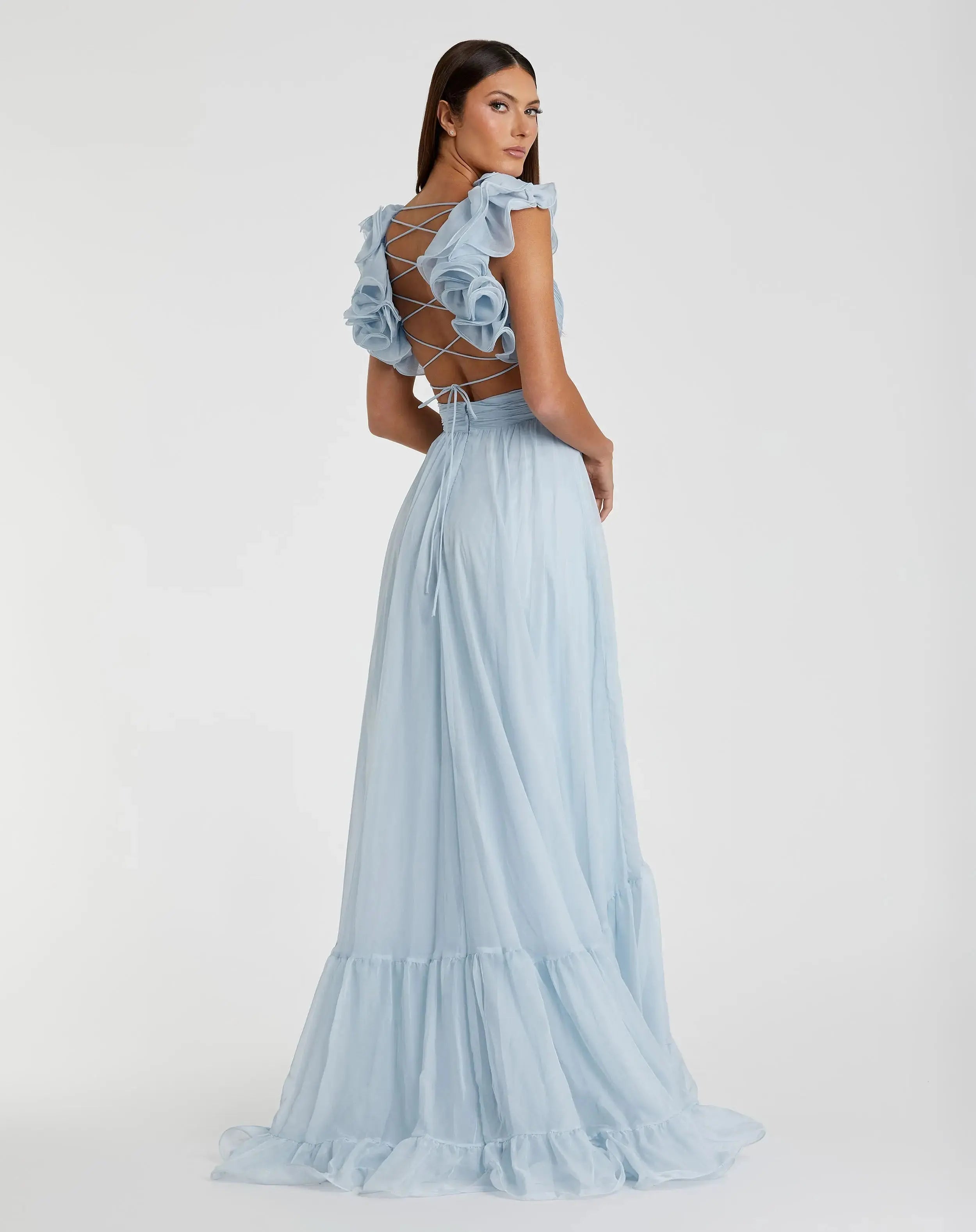 Light Blue Ruffle Tiered Cut-Out Chiffon Gown