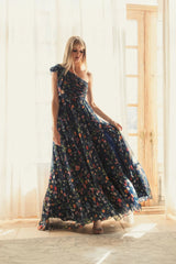 Navy Tied One Shoulder Cut-Out Flowy Gown