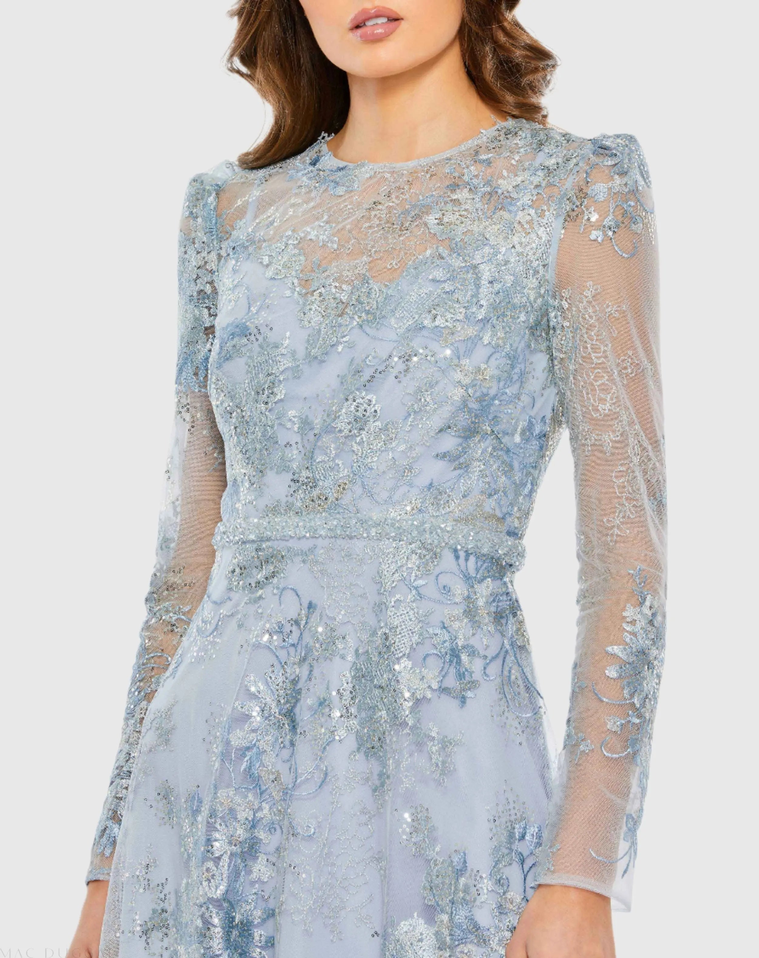 Blue Embellished Illusion Long Sleeve Midi Dress