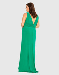 Green Plus Size Draped V Neck Sleeveless A Line Gown