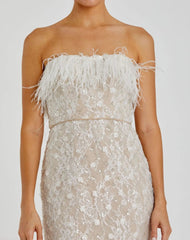 White and Beige Embellished Feather Strapless Column Dress