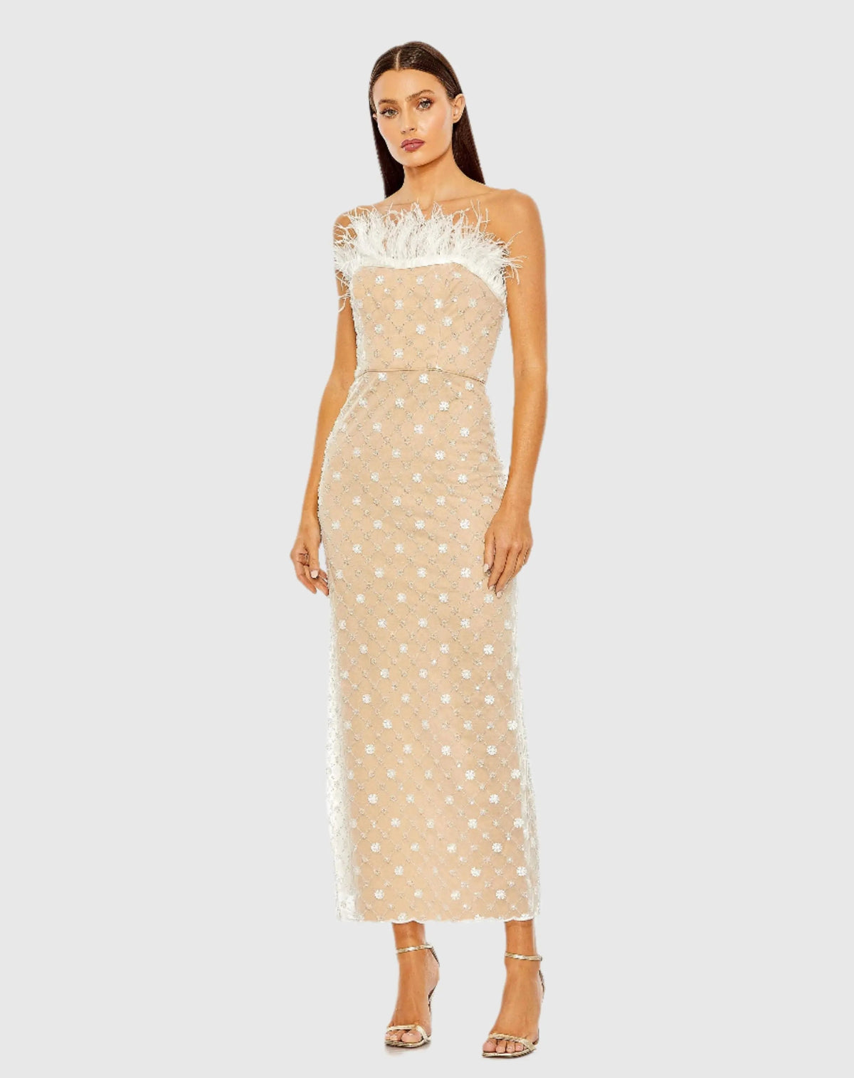Beige Embellished Feather Strapless Column Dress