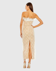 Beige Embellished Feather Strapless Column Dress