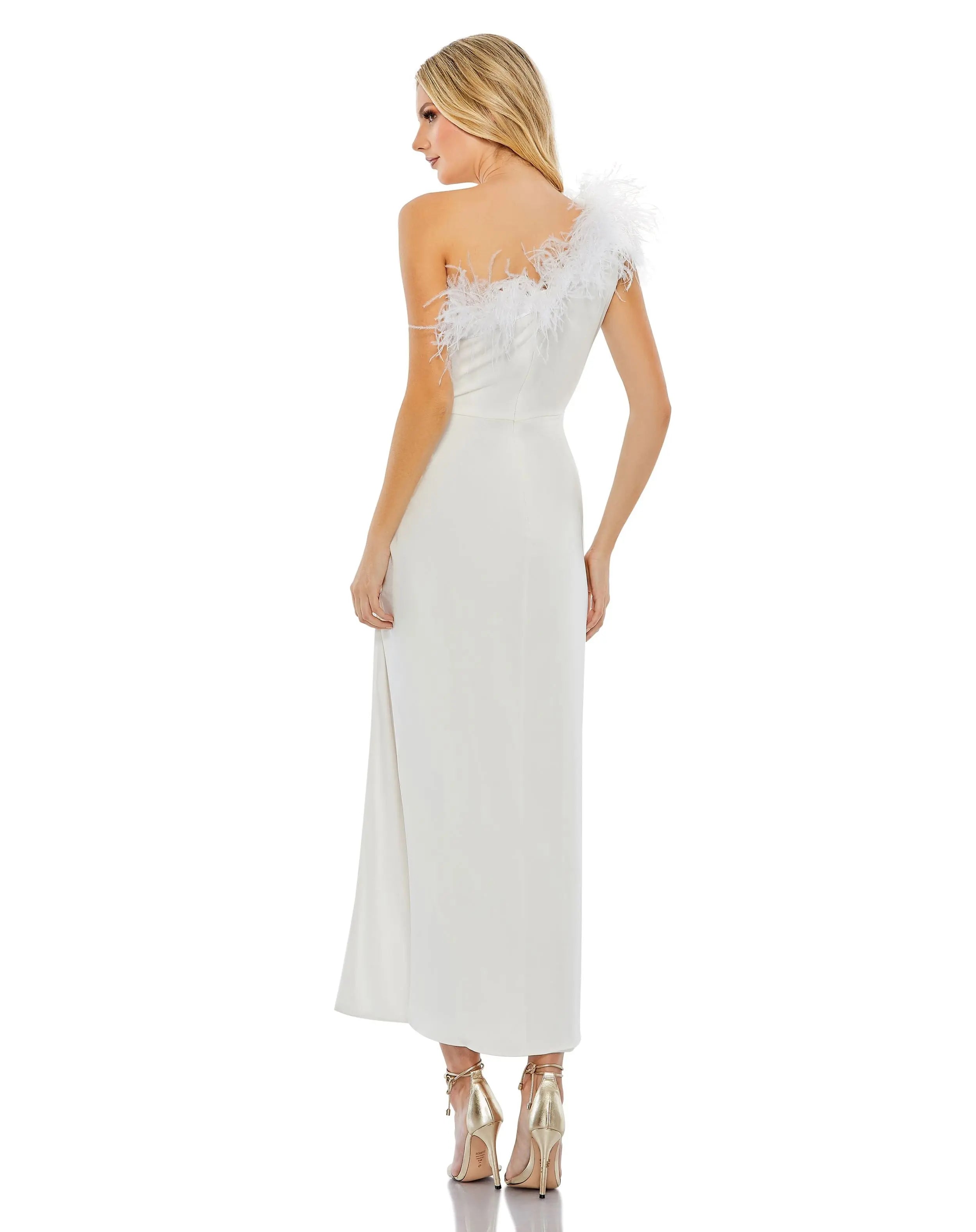 White Feather Trim One Shoulder Draped Dress