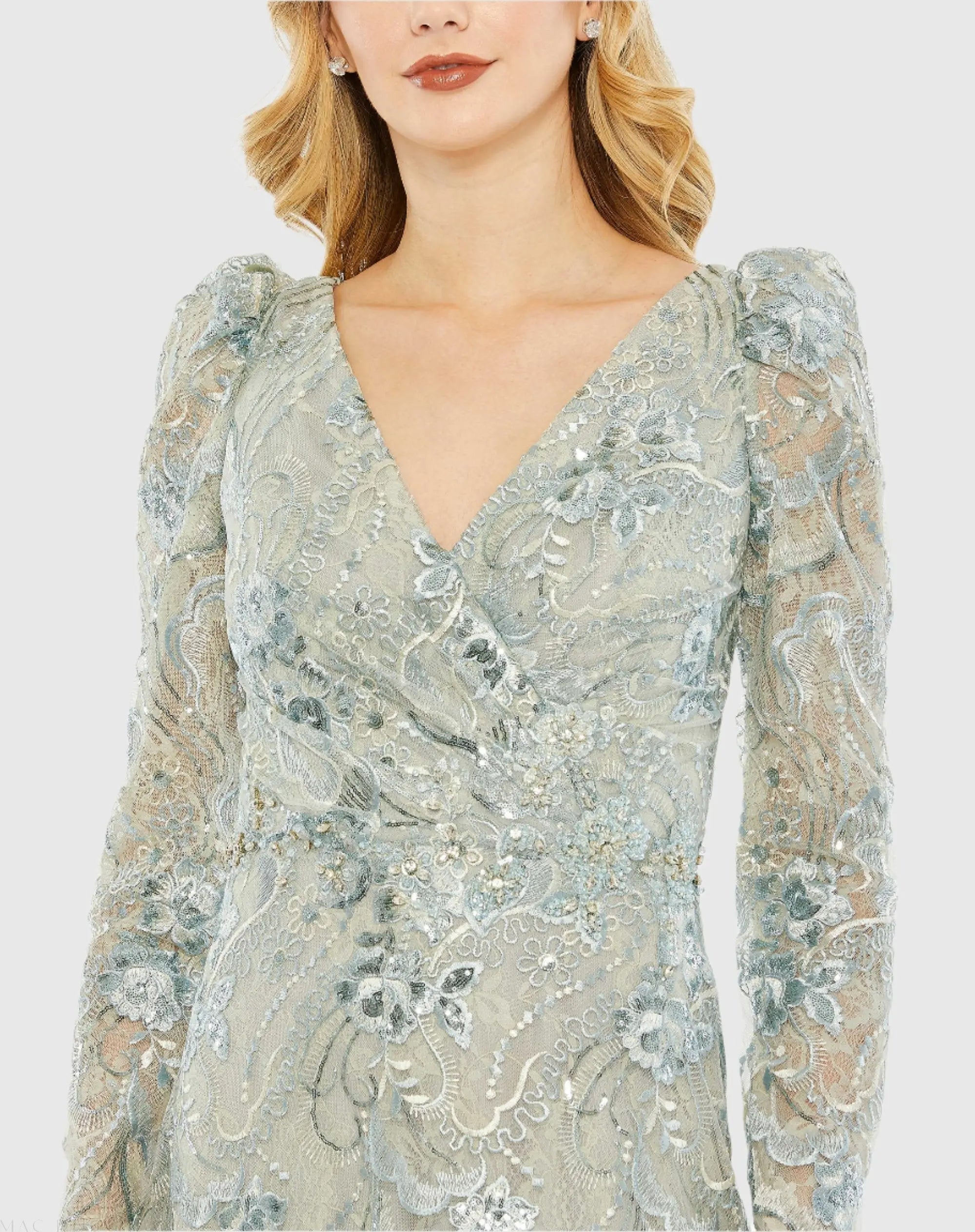 Green Embroidered Wrap Over Puff Sleeve Trumpet Gown