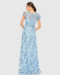 Blue Embroidered Applique Wrap Over Flutter Sleeve Gown