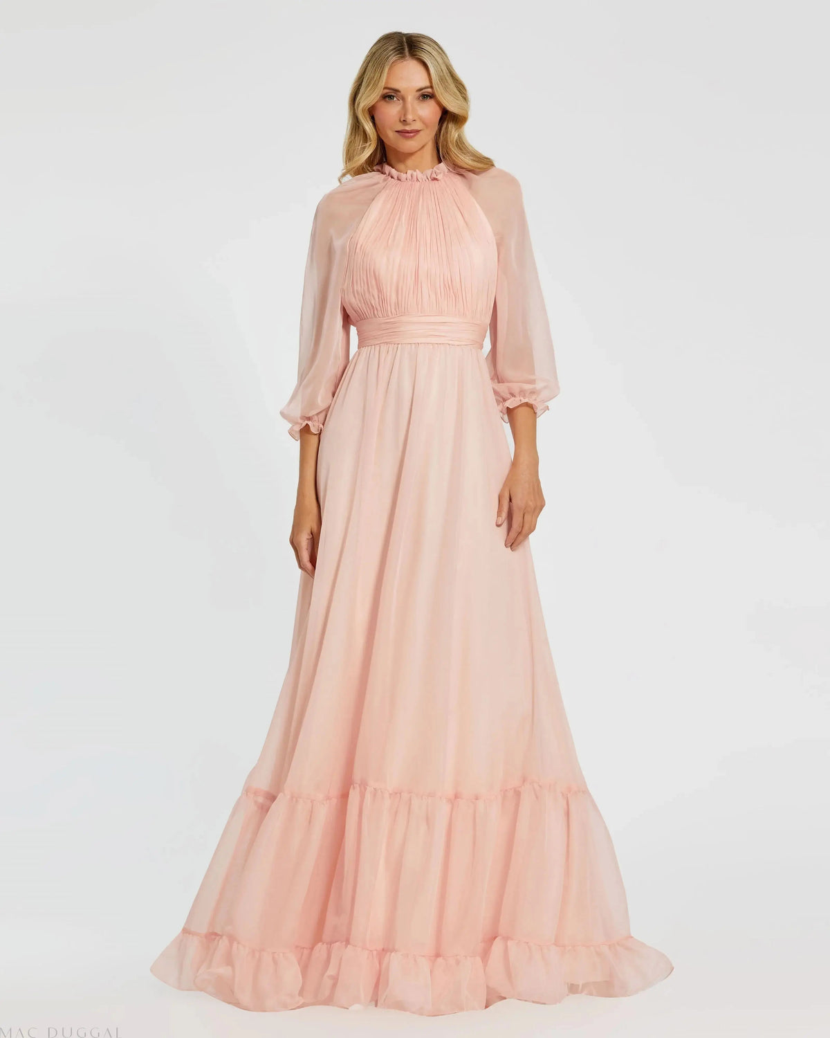 Pink Chiffon Ruched Illusion Raglan Sleeve Ruffled Gown