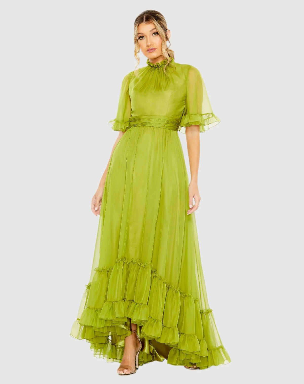 Green Ruffled Mock Neck Flutter Sleeve High Low Hem Gown