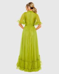 Green Ruffled Mock Neck Flutter Sleeve High Low Hem Gown