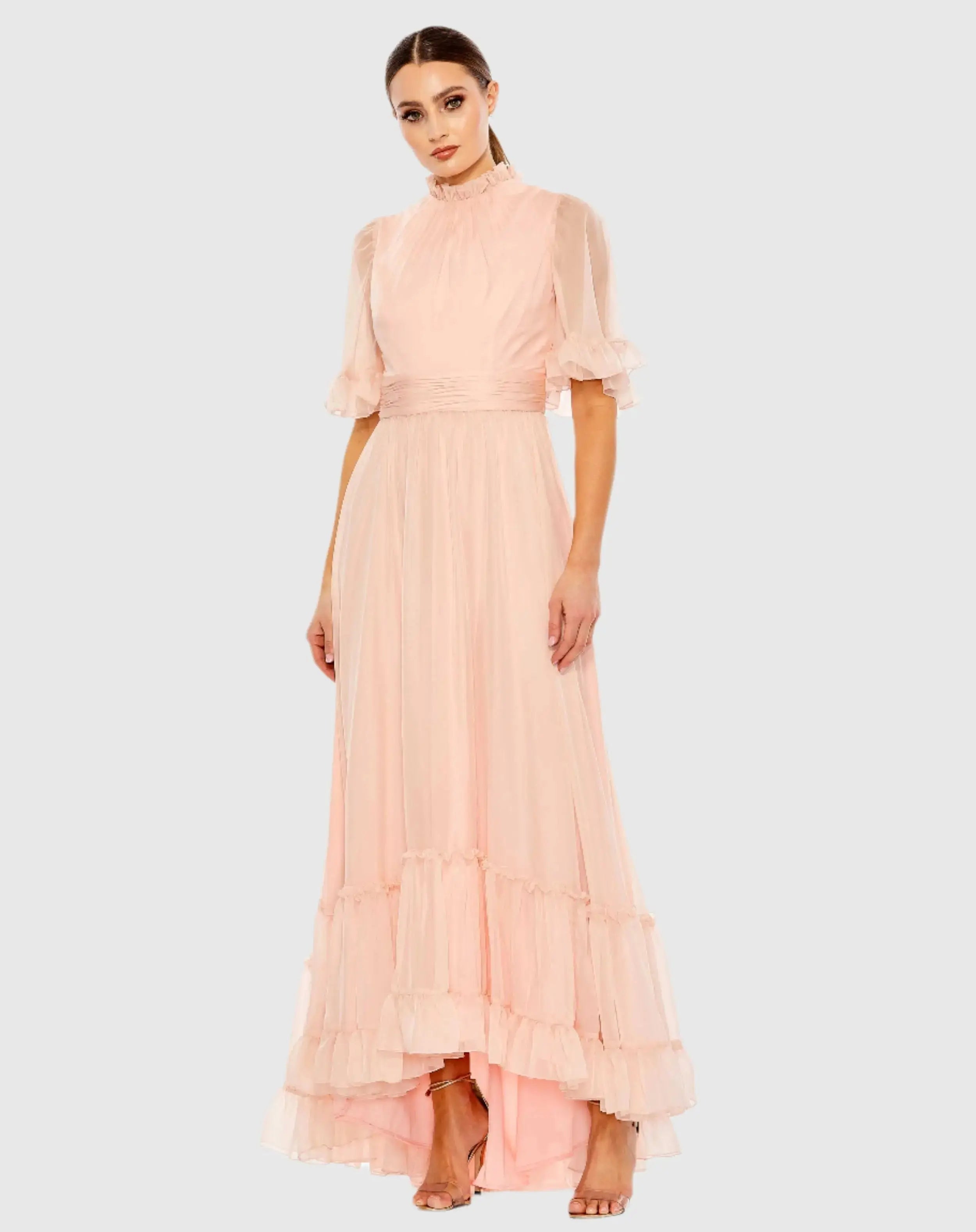 Ruffled Mock Neck Flutter Sleeve High Low Hem Gown