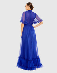 Blue Ruffled Mock Neck Flutter Sleeve High Low Hem Gown