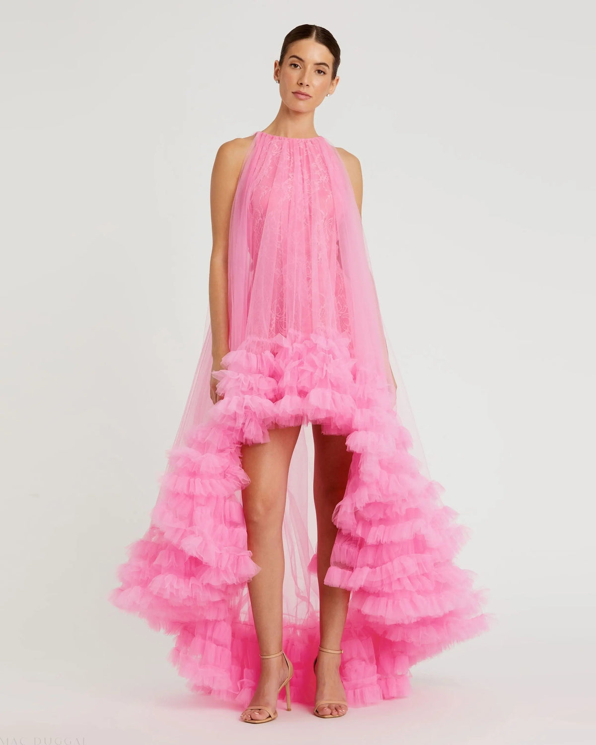 Pink Tulle High Neck Sleeveless Ruffled Hem Hi-Low Gown