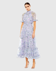 Purple Floral Print High Neck Raglan Sleeve Dress