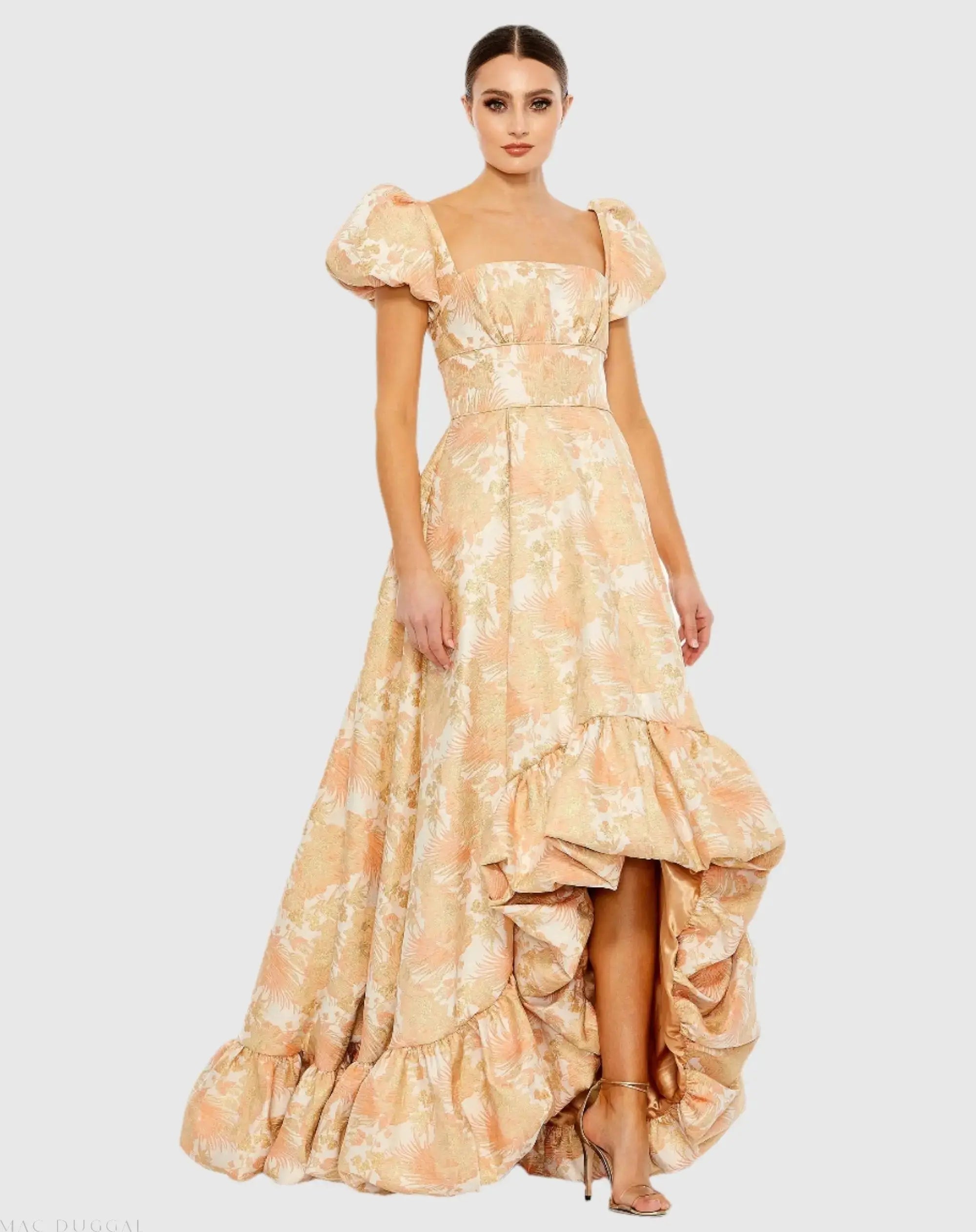 Floral Print Puff Sleeve High Low Brocade Gown