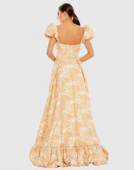 Orange Floral Print Puff Sleeve High Low Brocade Gown