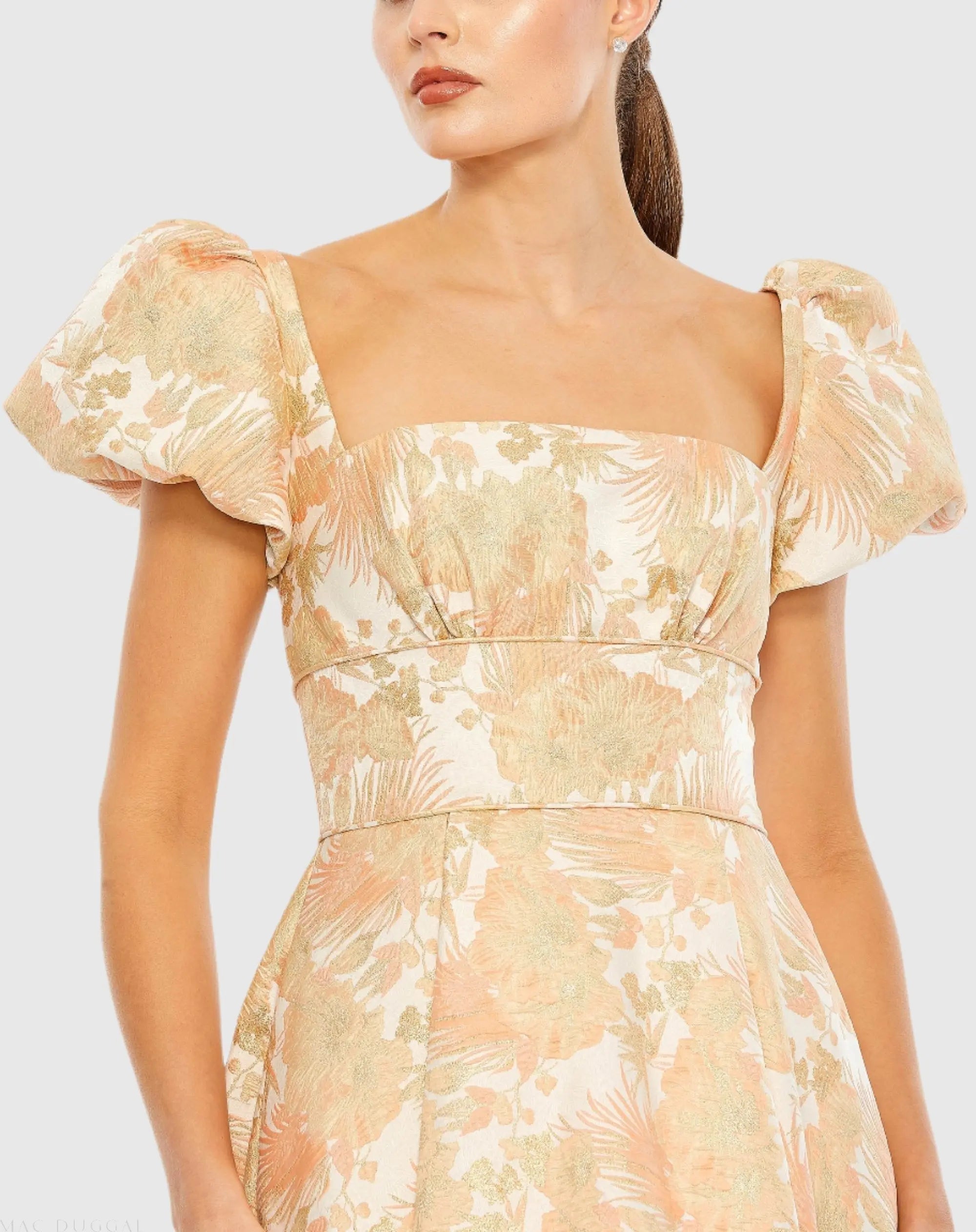 Orange Floral Print Puff Sleeve High Low Brocade Gown