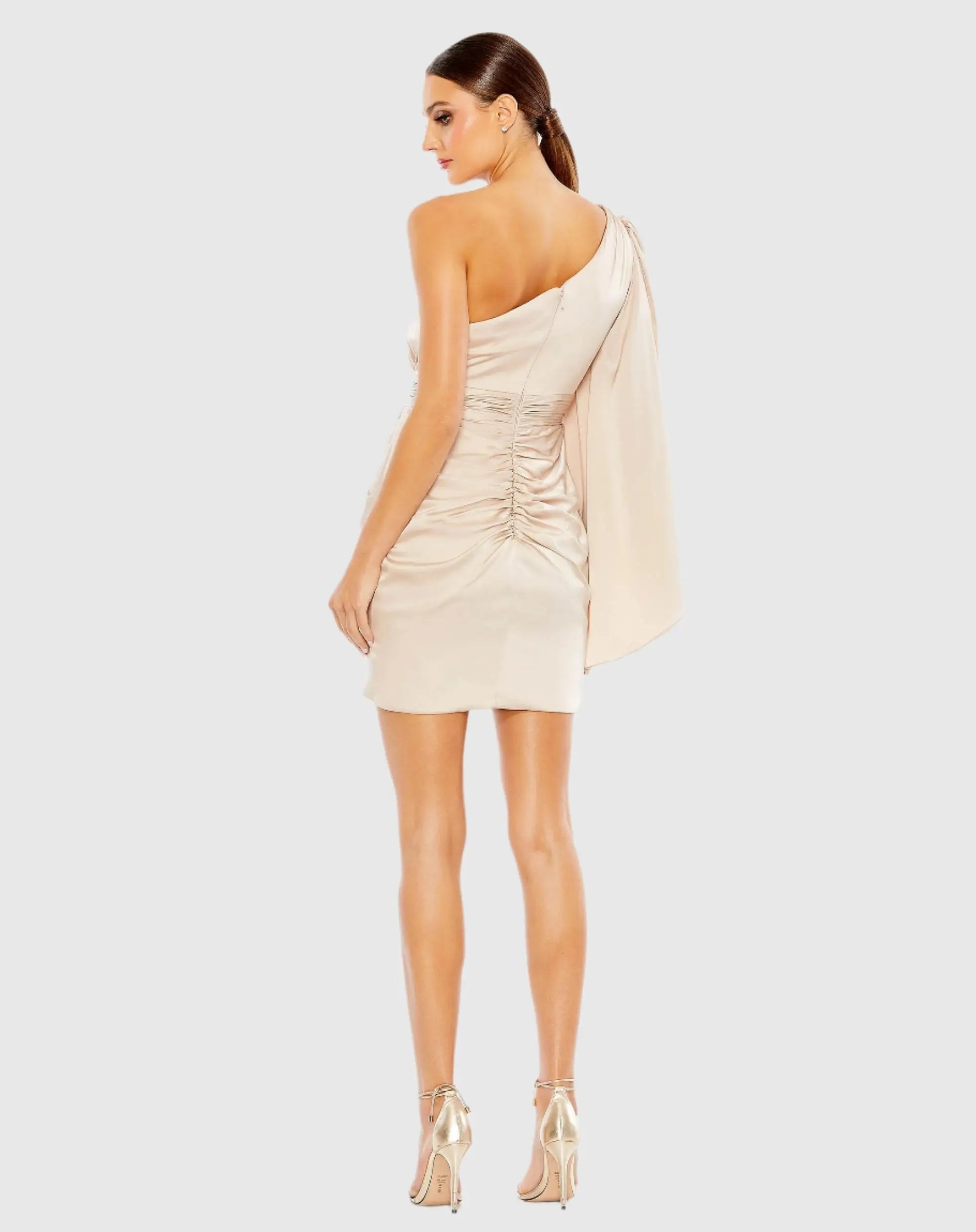 Beige One Shoulder Long Sleeve Draped Dress