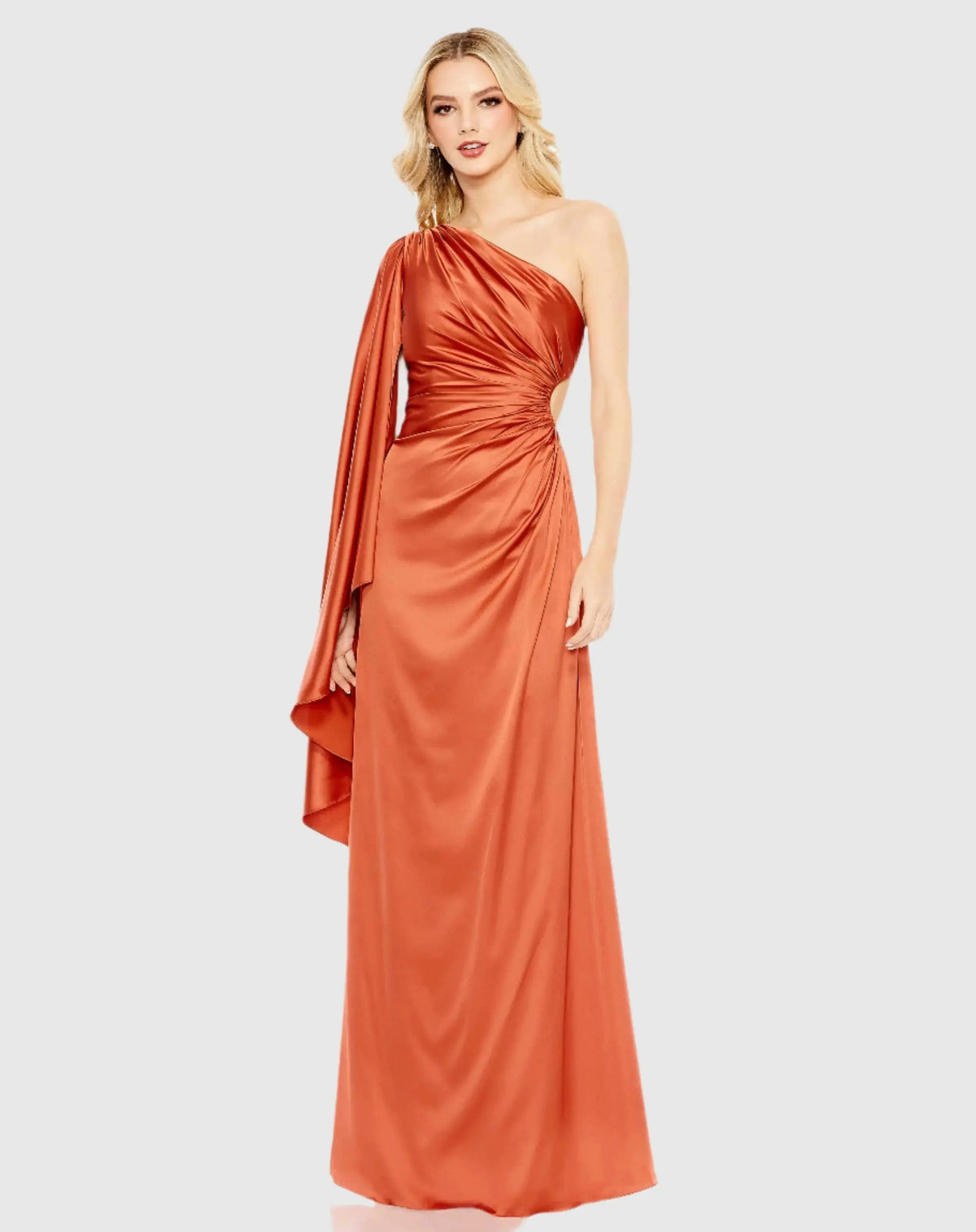 Orange One Shoulder Bell Sleeve Draped Gown