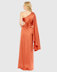 Orange One Shoulder Bell Sleeve Draped Gown