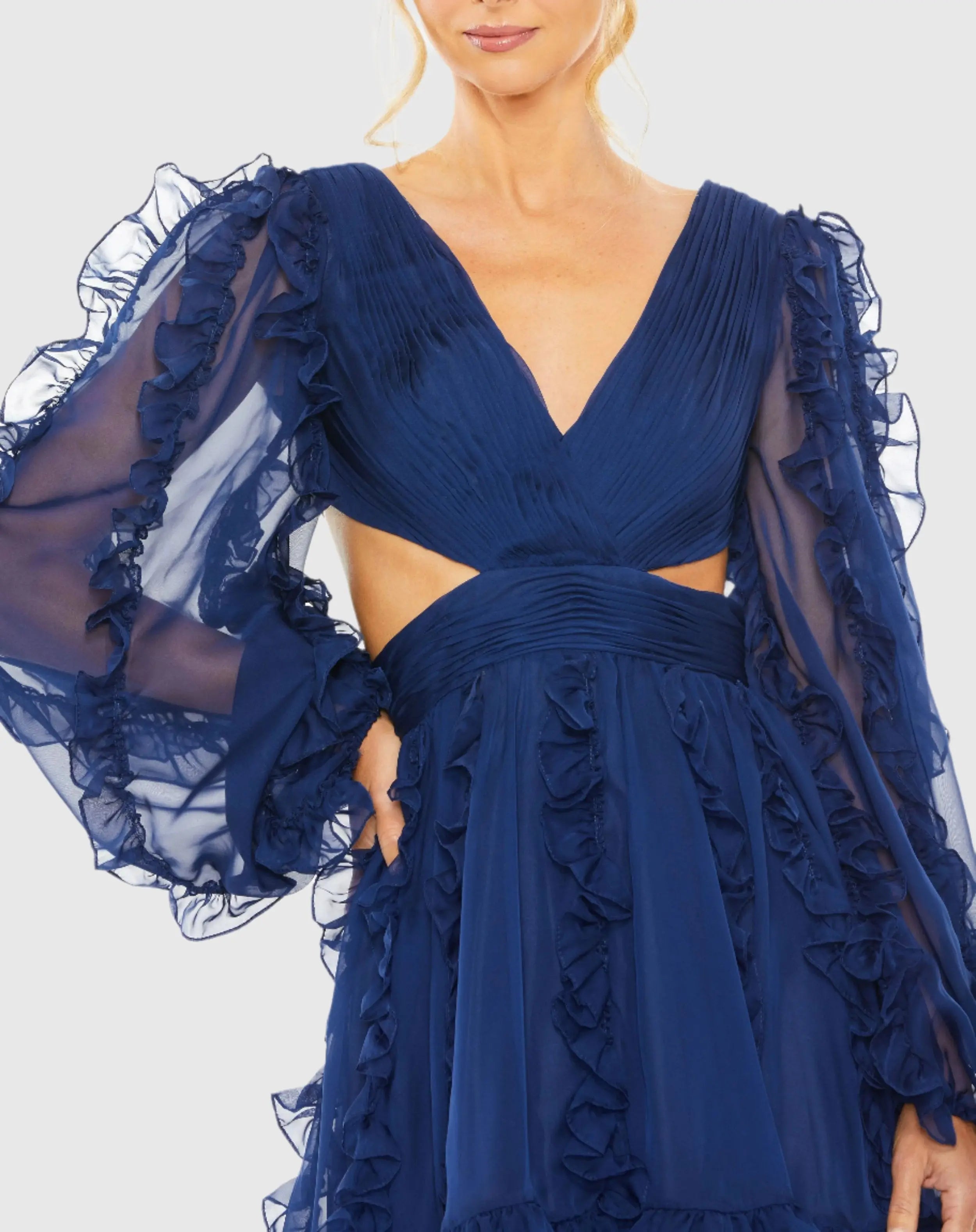 Navy V-Neck Long Puff Sleeve Ruffle Dress