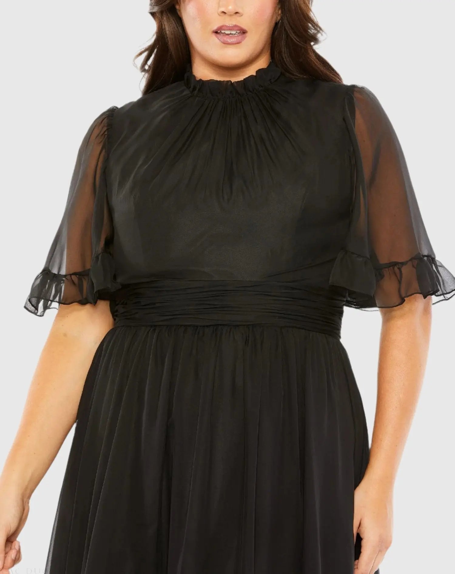 Black Ruffle Tiered High Low Flutter Sleeve Gown (Plus)