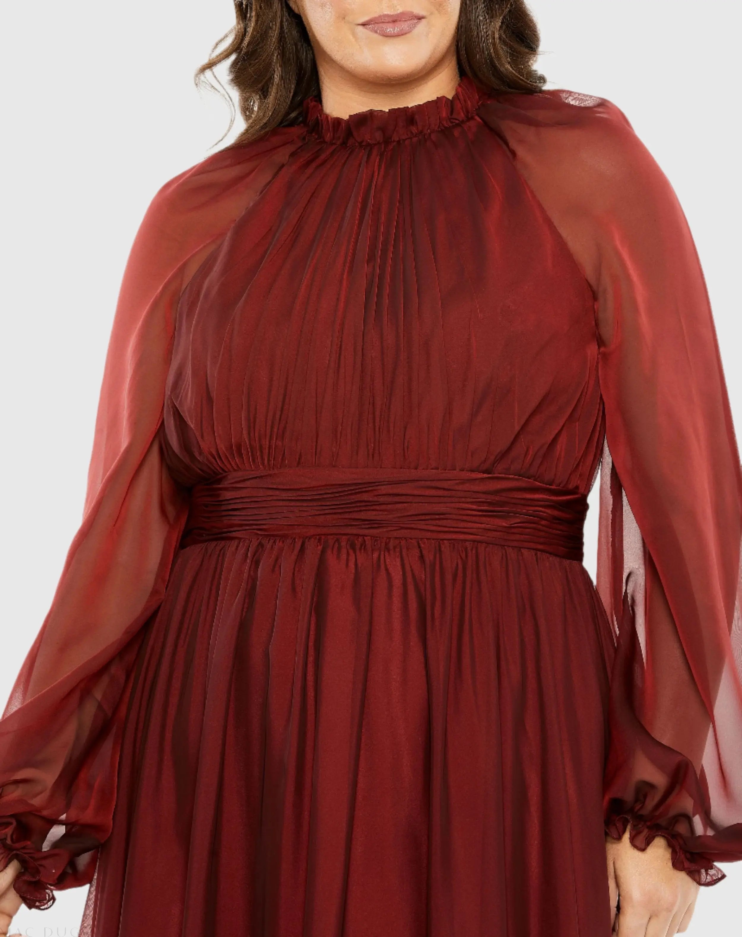 Red Puff Sleeve w/ Embellished Cuff Mock Neck A Line Gown