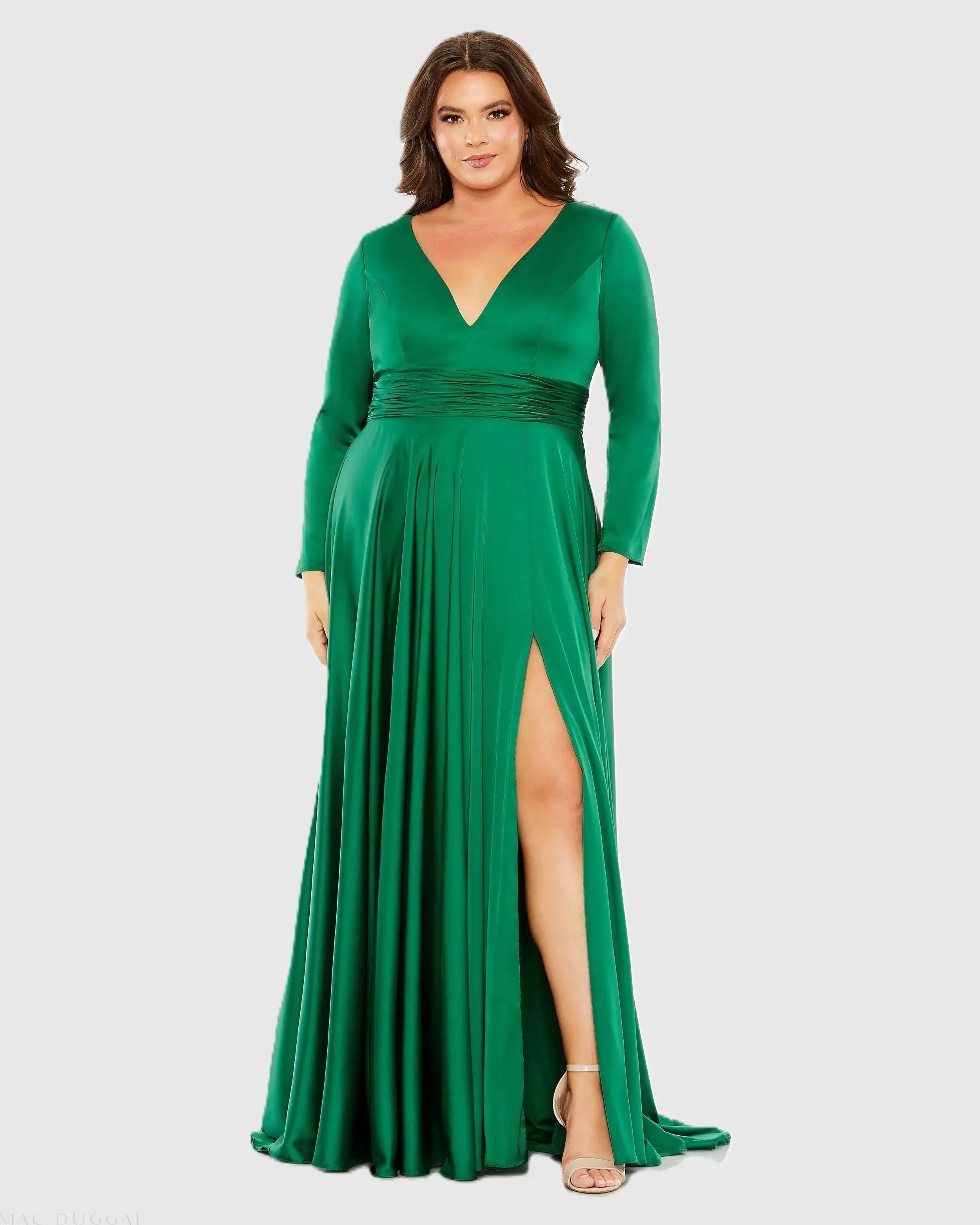 Long Sleeve V Neck A Line Gown (Plus)