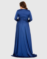 Blue Long Sleeve V Neck A Line Gown