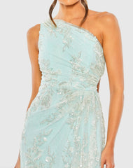 Blue One Shoulder Side Cut Embellished Gown